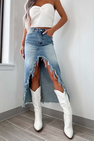 Distressed High-Low Denim Skirt