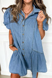 Button Down Short Puff Sleeve Ruffle Hem Dress