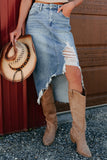 Frayed Hem Denim Midi Skirt