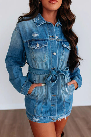 Belted Button-Front Denim Jacket