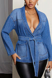 Belted Denim Jacket with Deep V-Neck