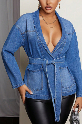 Belted Denim Jacket with Deep V-Neck