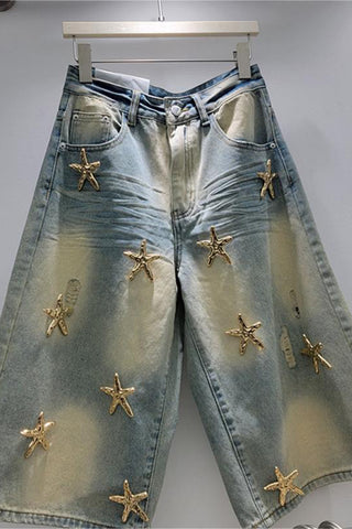 Star-Embellished Denim Shorts