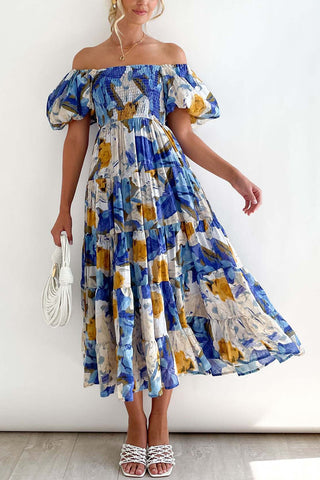 Puff-Sleeve Smocked Midi Dress