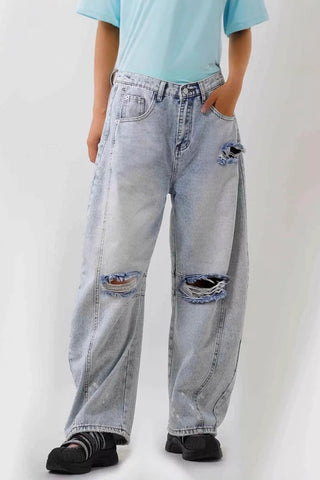 Distressed Wide-Leg Denim Jeans