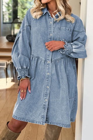Smocked Cuffs Flared Denim Shirt Mini Dress