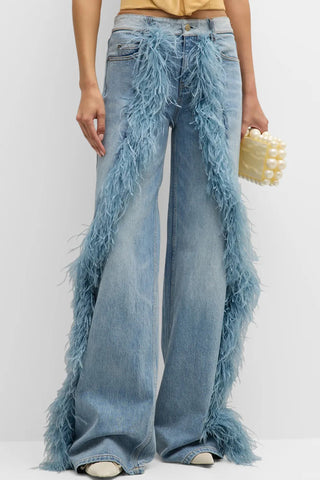 Feather-Trim Straight Leg Denim Jeans
