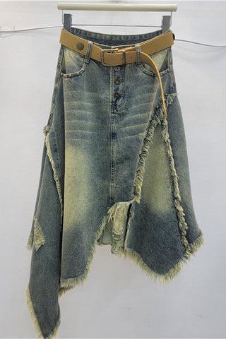 Asymmetrical Fringe Denim Skirt