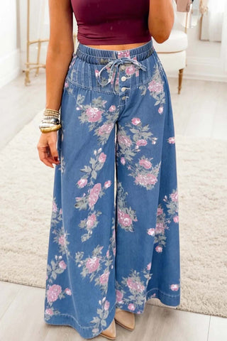 Elastic Waist Floral Wide-Leg Jeans
