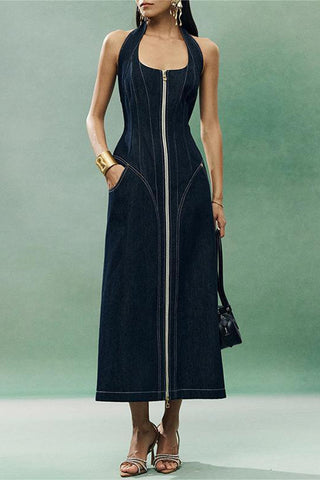Zip-Front Denim Halter Dress