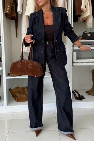 Double-Breasted Denim Pants Set