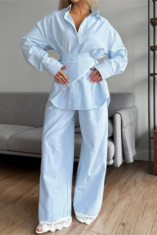 Striped Lace-Trim Pant Set