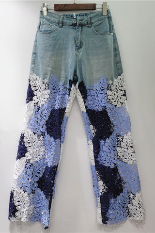 Lace-Panel Straight Jeans