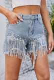Fringe Accent Denim Shorts