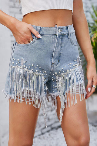 Fringe Accent Denim Shorts