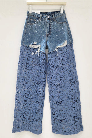 Lace-Overlay Distressed Wide Leg Jeans