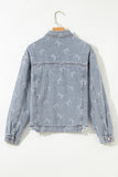 Bow Print Denim Jacket with Raw Hem