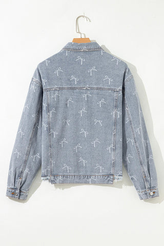 Bow Print Denim Jacket with Raw Hem