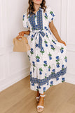 Floral Contrast Belted Long Shirt Dress