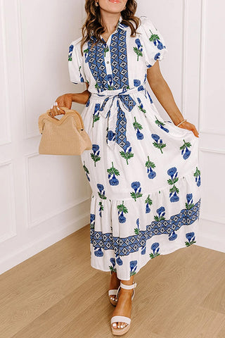 Floral Contrast Belted Long Shirt Dress