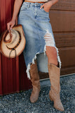 Distressed High-Low Denim Skirt
