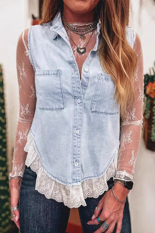 Button-Front Sleeveless Denim Vest