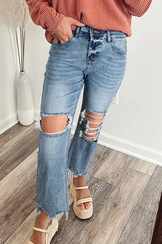 Raw Hem Ripped Knee Flare Jeans