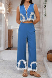 Floral Trim Wide-Leg Pants Set