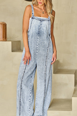 Wide-Leg Denim Overall Jumpsuit