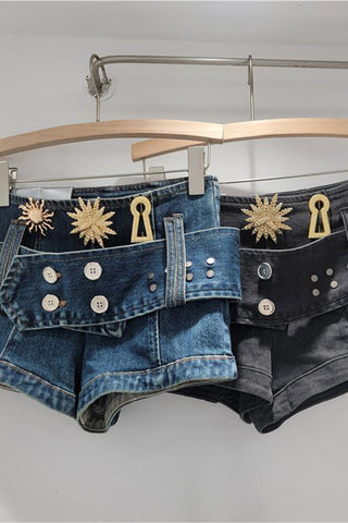 Embellished Denim Shorts with Belt