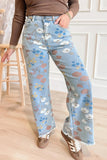 Floral Printed Raw Hem Straight Jeans