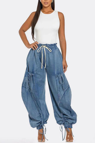 Stylish Drawstring Denim Cargo Pants