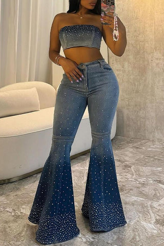 Rhinestone Flare Pants Set