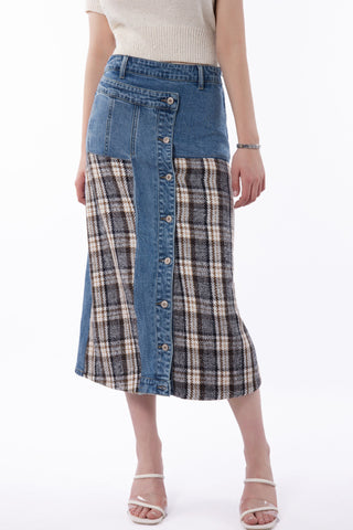 Buttoned Denim and Plaid Midi Skirt