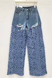 Lace-Overlay Distressed Wide Leg Jeans