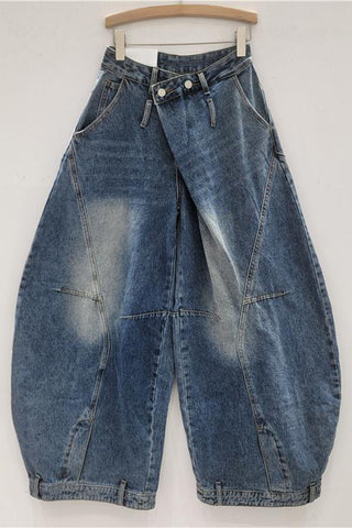 Wide-Leg Denim Trousers with Unique Details
