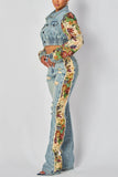 Printed Cropped Jacket and Distressed Pants Set