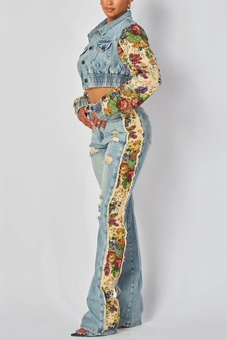 Printed Cropped Jacket and Distressed Pants Set
