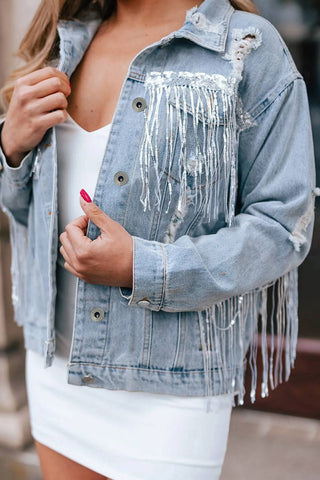 Fringe Detail Distressed Denim Jacket