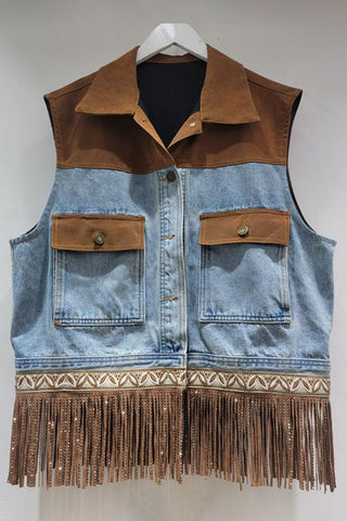 Fringe-Accent Denim Vest