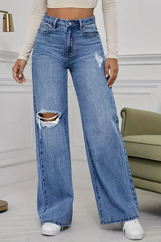 High-Waisted Ripped Straight Jeans