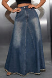 Distressed Hem Denim Maxi Skirt