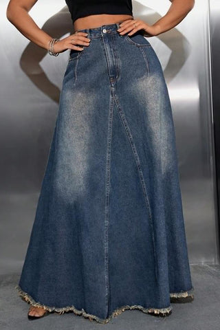 Distressed Hem Denim Maxi Skirt
