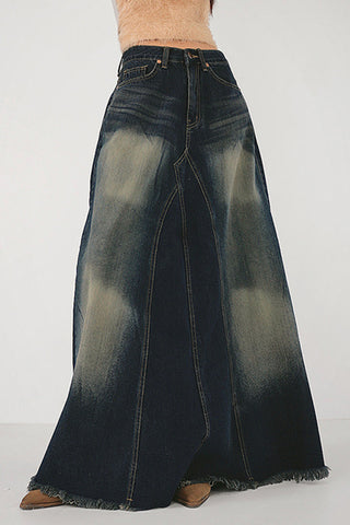 Flared Denim Skirt with Frayed Hem