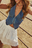 Zip-Up Denim Western Vest