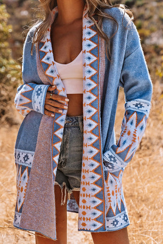 Geometric Pattern Open-Front Cardigan