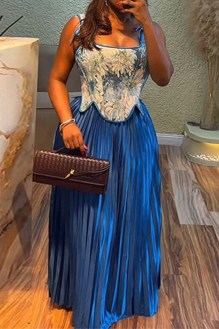 Floral Corset and Pleated Skirt Set