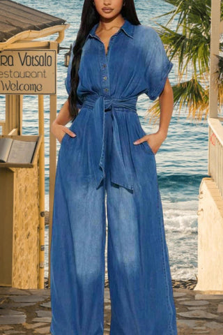 Chic Tie-Waist Denim Jumpsuit