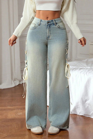 Lace-Up Side Wide Leg Jeans