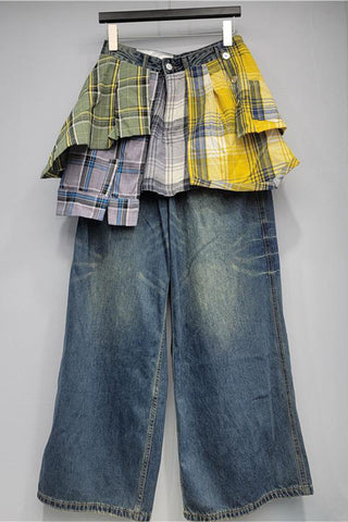 Plaid Layered Straight Jeans